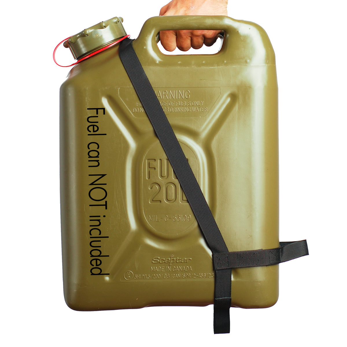 Customer installing an Easy Pour Strap on his fuel can.